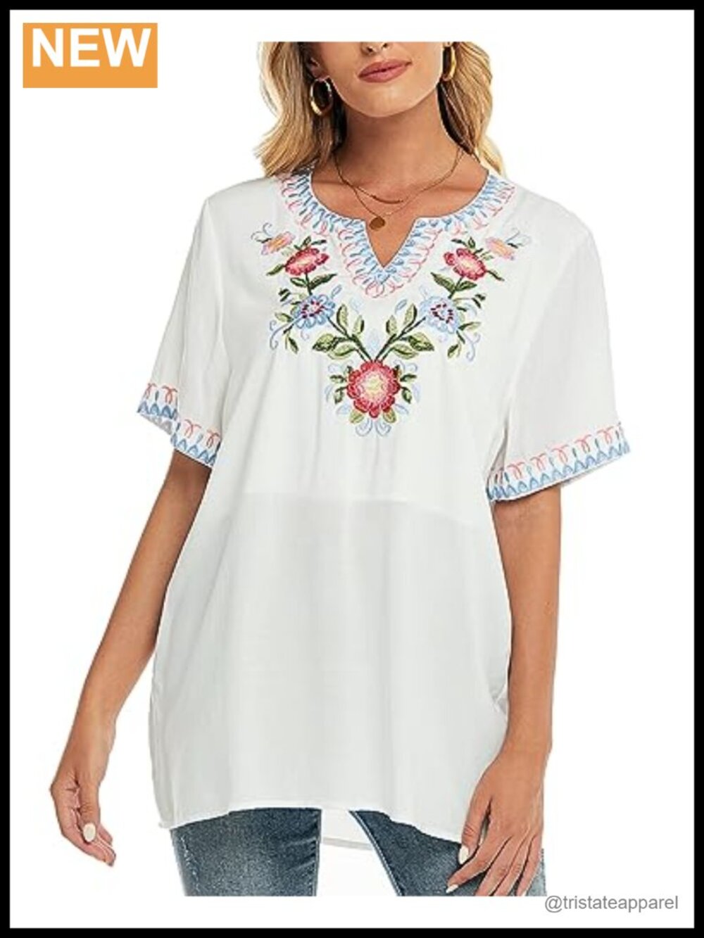 Embroidered V-Neck Tunic Boho Top Short Sleeve Mexican Blouse Cotton Rayon